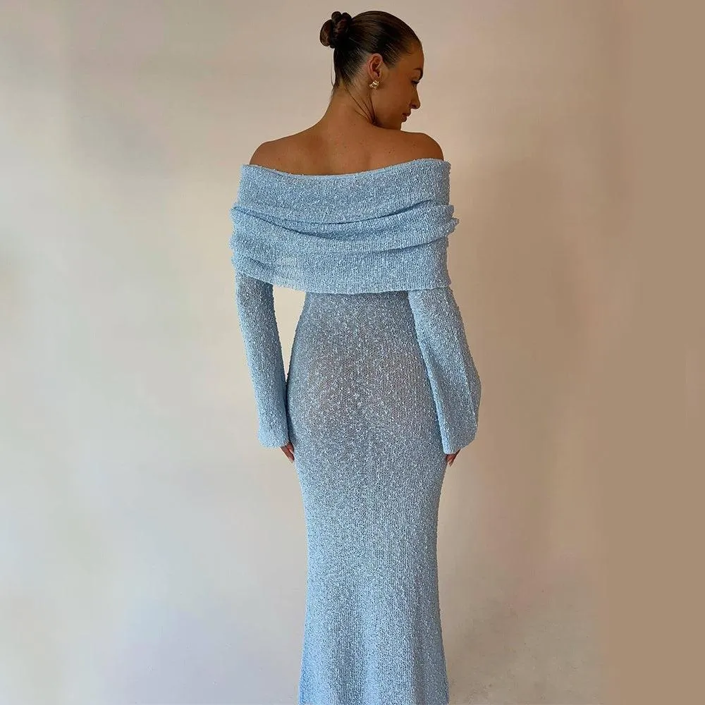 New One-Shoulder Knitted Long-Sleeved Dress – Beach Holiday Long Dress for Women