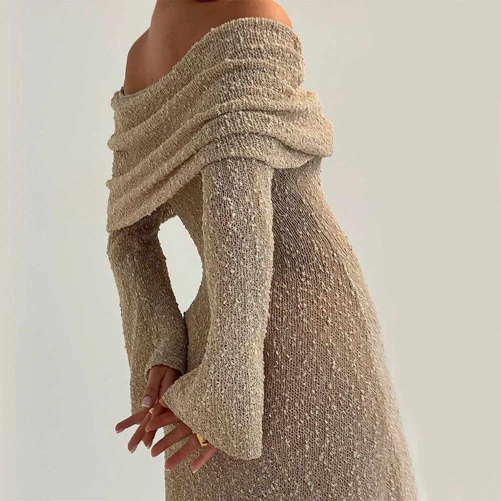 New One-Shoulder Knitted Long-Sleeved Dress – Beach Holiday Long Dress for Women