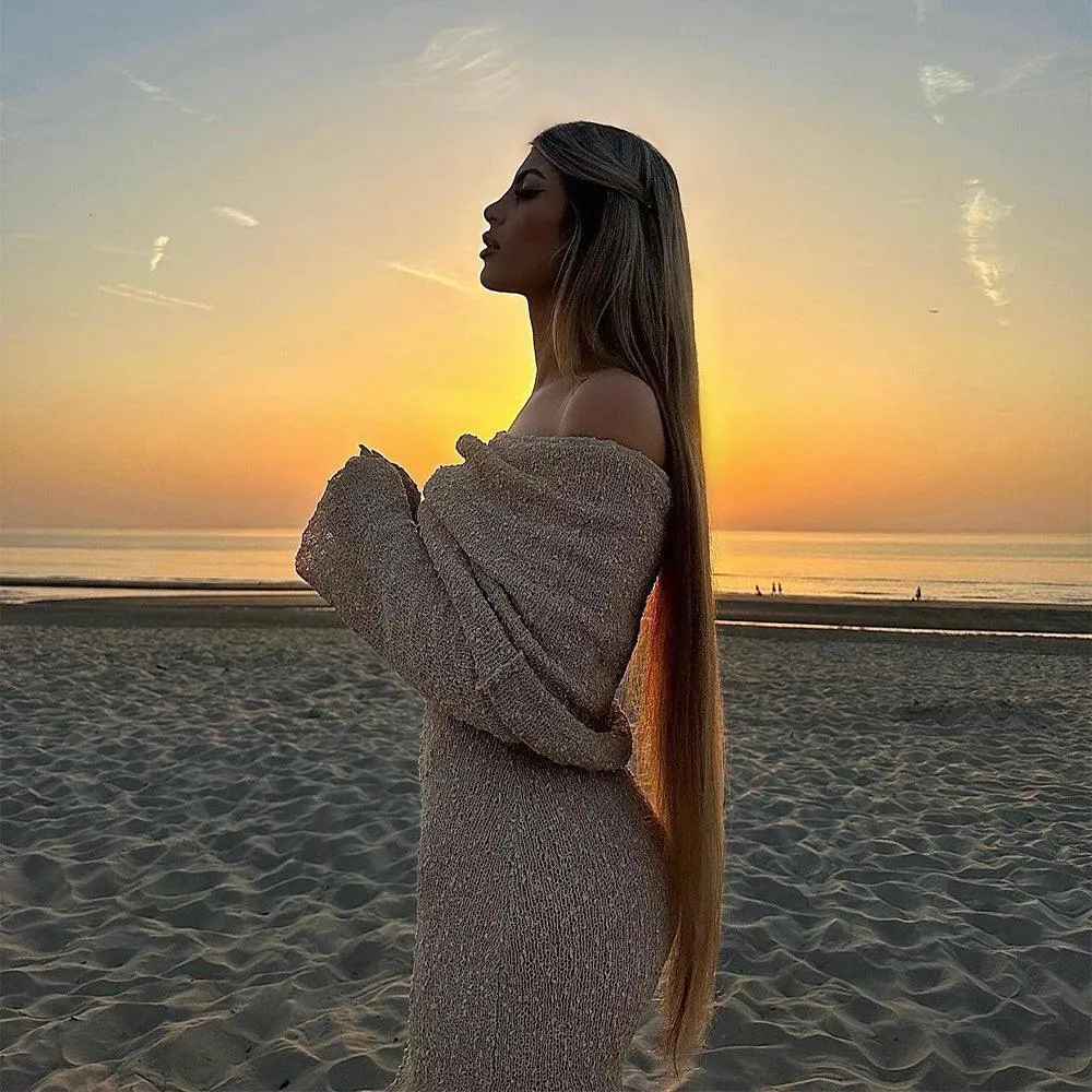 New One-Shoulder Knitted Long-Sleeved Dress – Beach Holiday Long Dress for Women