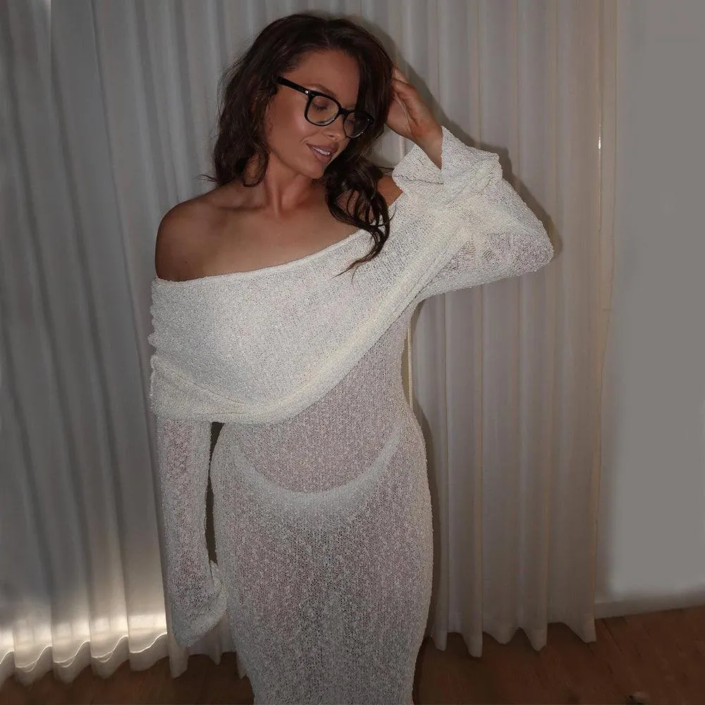 New One-Shoulder Knitted Long-Sleeved Dress – Beach Holiday Long Dress for Women