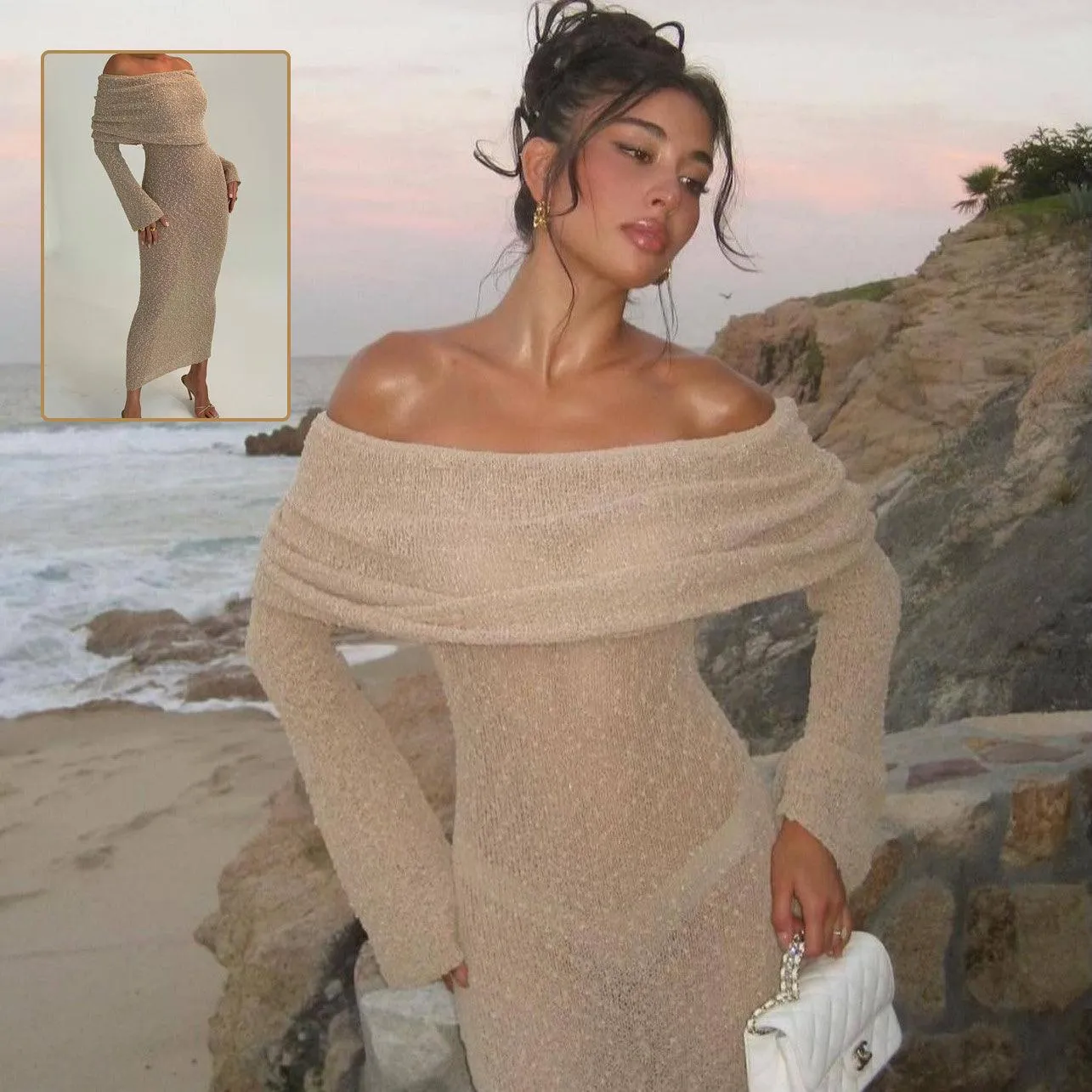 New One-Shoulder Knitted Long-Sleeved Dress – Beach Holiday Long Dress for Women
