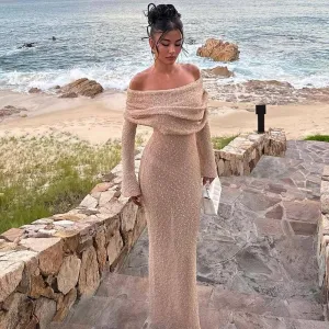 New One-Shoulder Knitted Long-Sleeved Dress – Beach Holiday Long Dress for Women