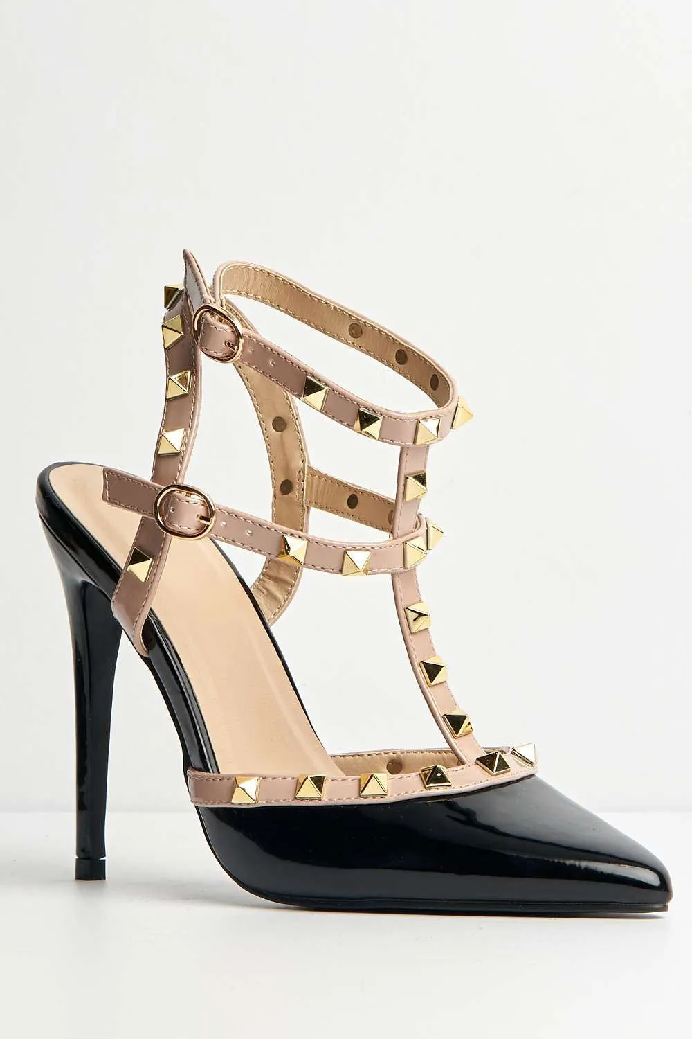 Paya Pointed Toe Studded  Ankle Strap Court Shoes in Black Patent