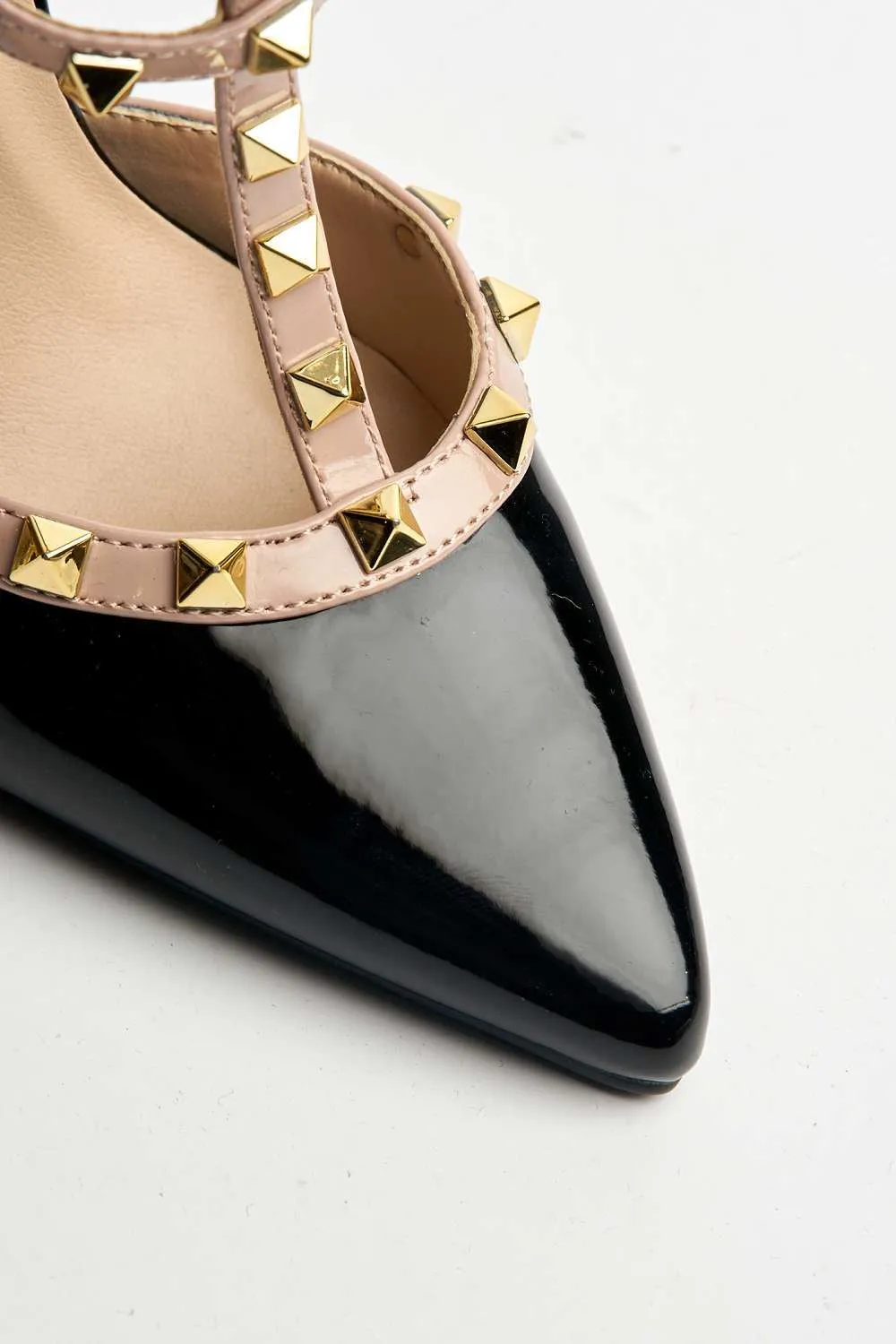 Paya Pointed Toe Studded  Ankle Strap Court Shoes in Black Patent