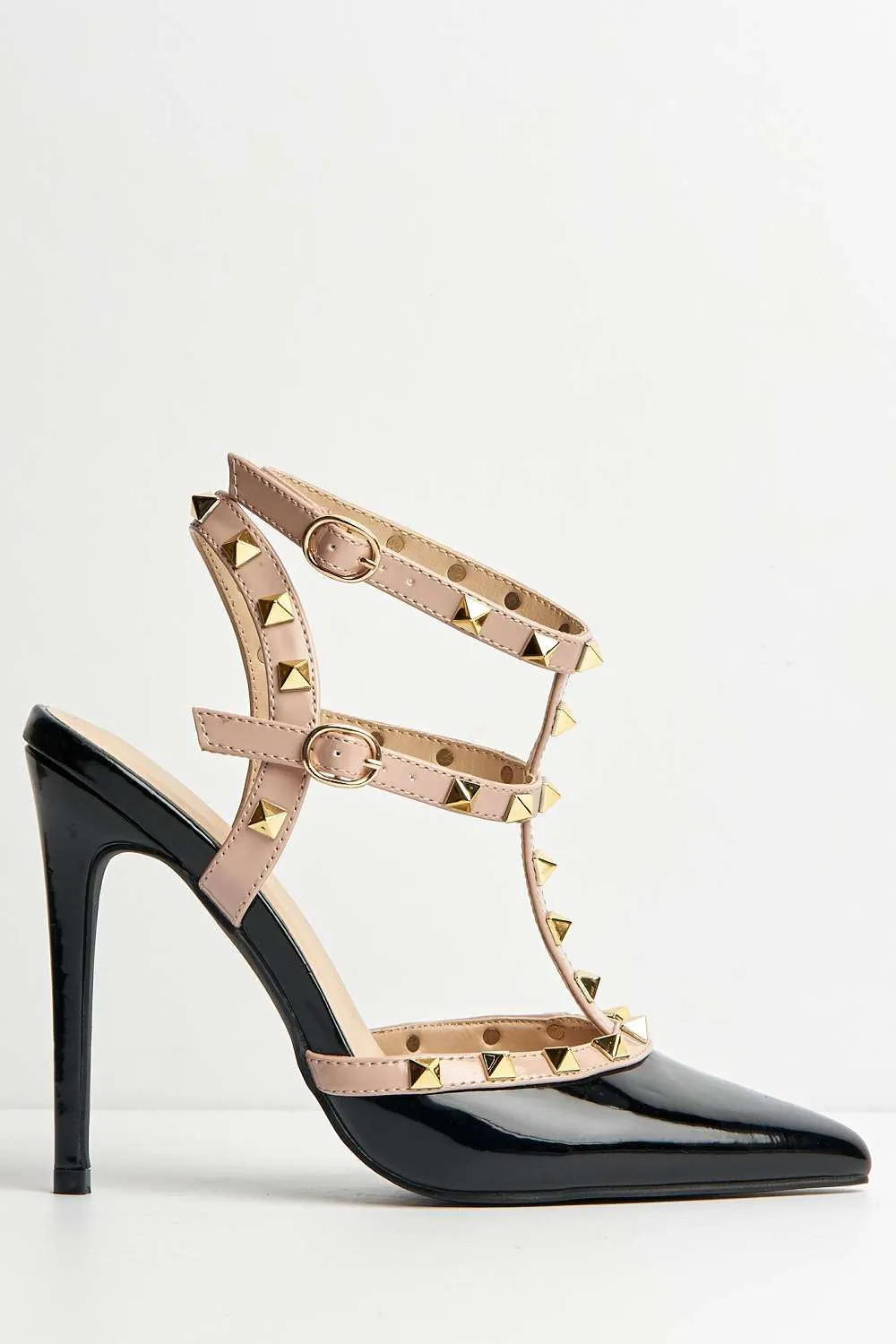 Paya Pointed Toe Studded  Ankle Strap Court Shoes in Black Patent