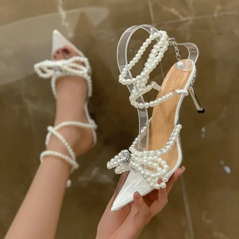 Pearl Bow Ankle Strap Heel