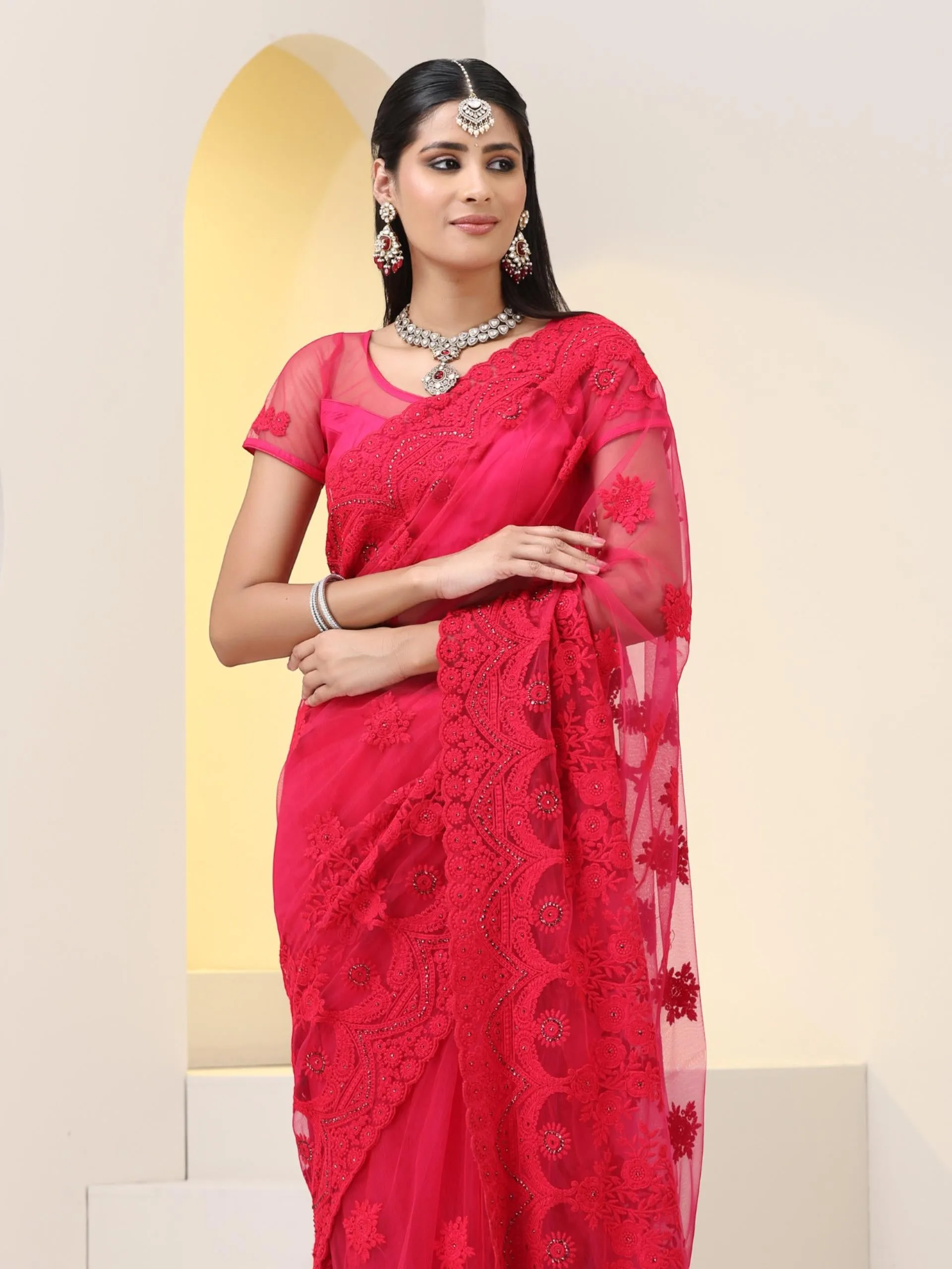 Pink Net Saree with All over Thick Scallop Embroidery and Shiny Dots with Blouse Fabric