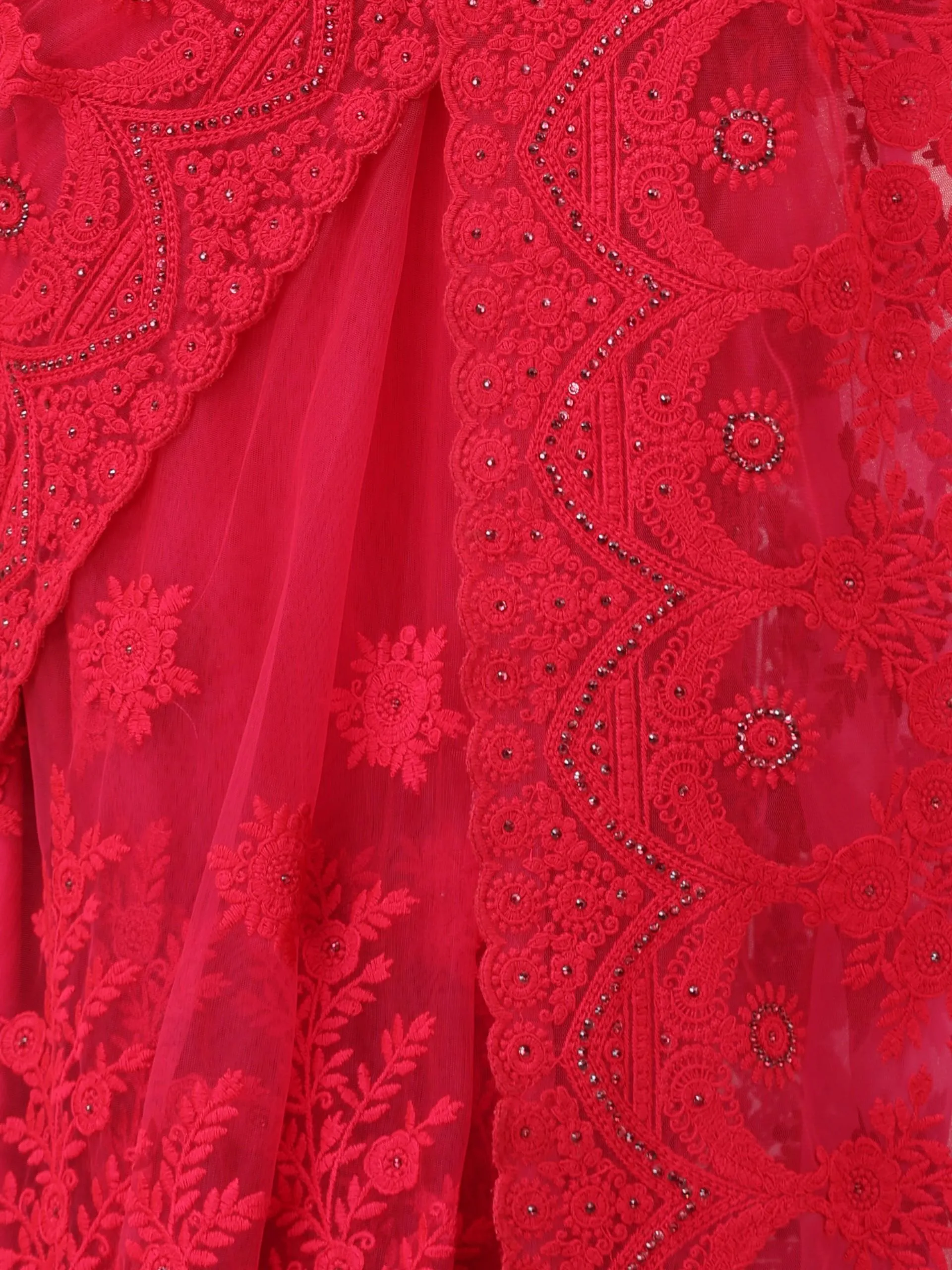 Pink Net Saree with All over Thick Scallop Embroidery and Shiny Dots with Blouse Fabric