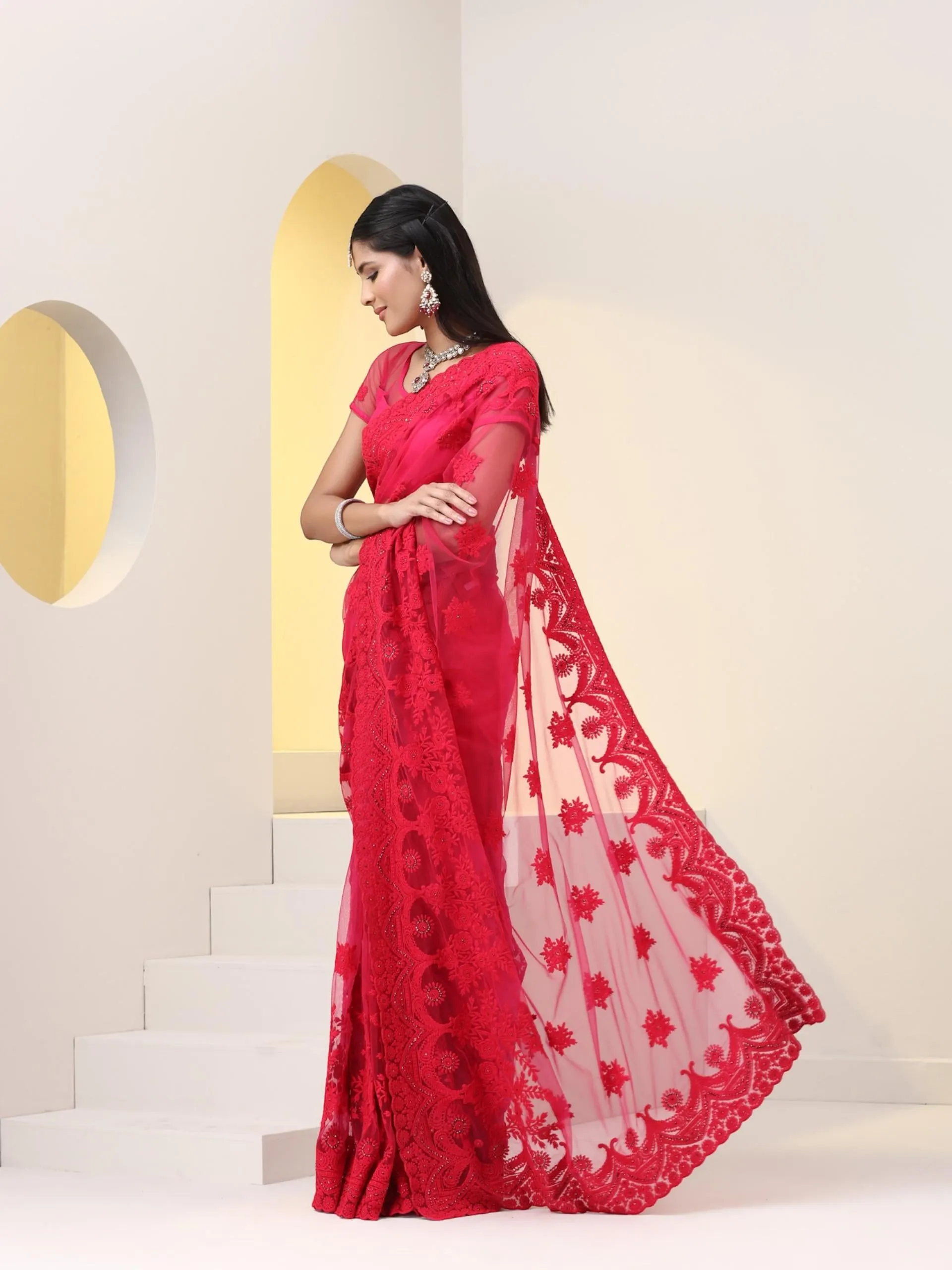 Pink Net Saree with All over Thick Scallop Embroidery and Shiny Dots with Blouse Fabric