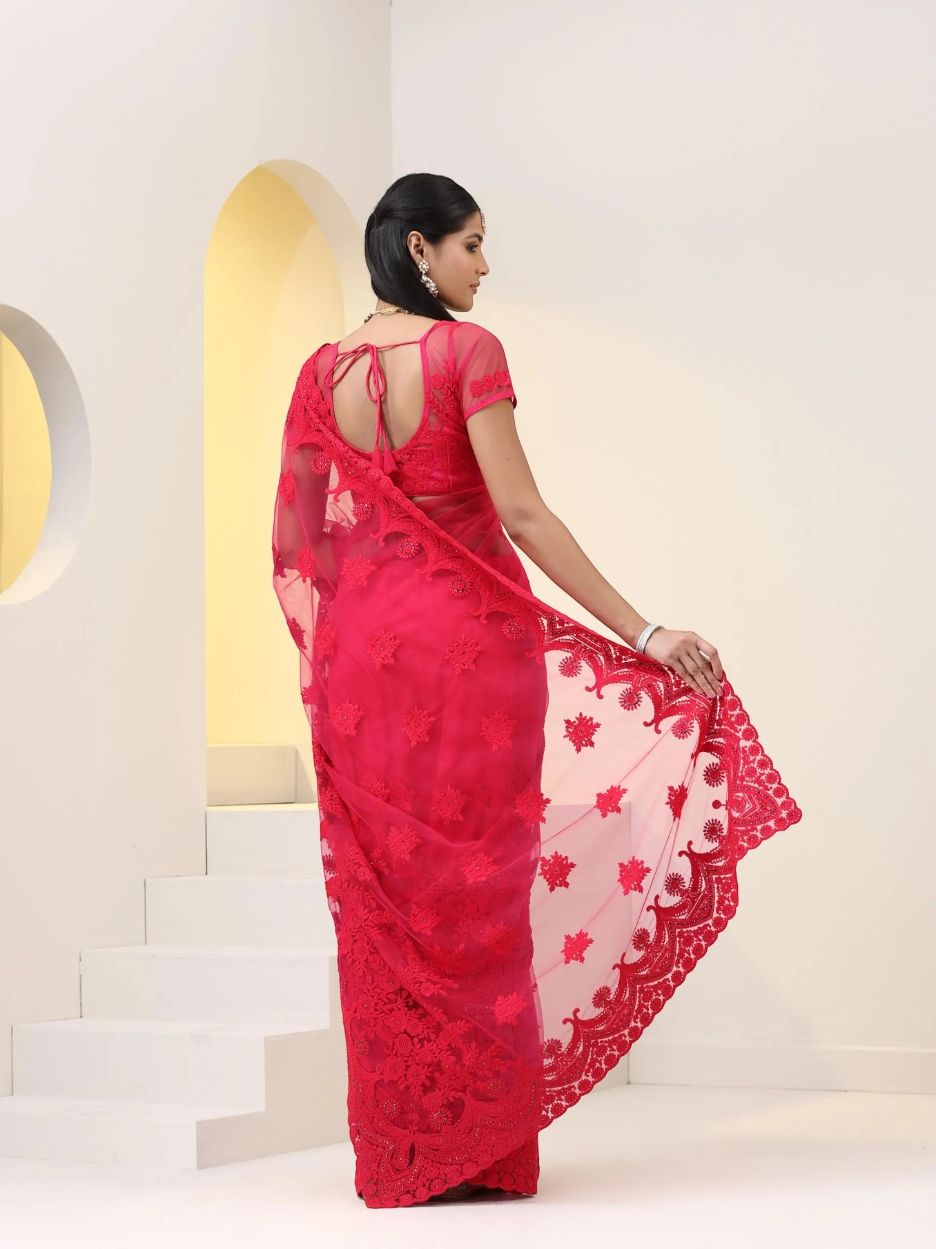 Pink Net Saree with All over Thick Scallop Embroidery and Shiny Dots with Blouse Fabric