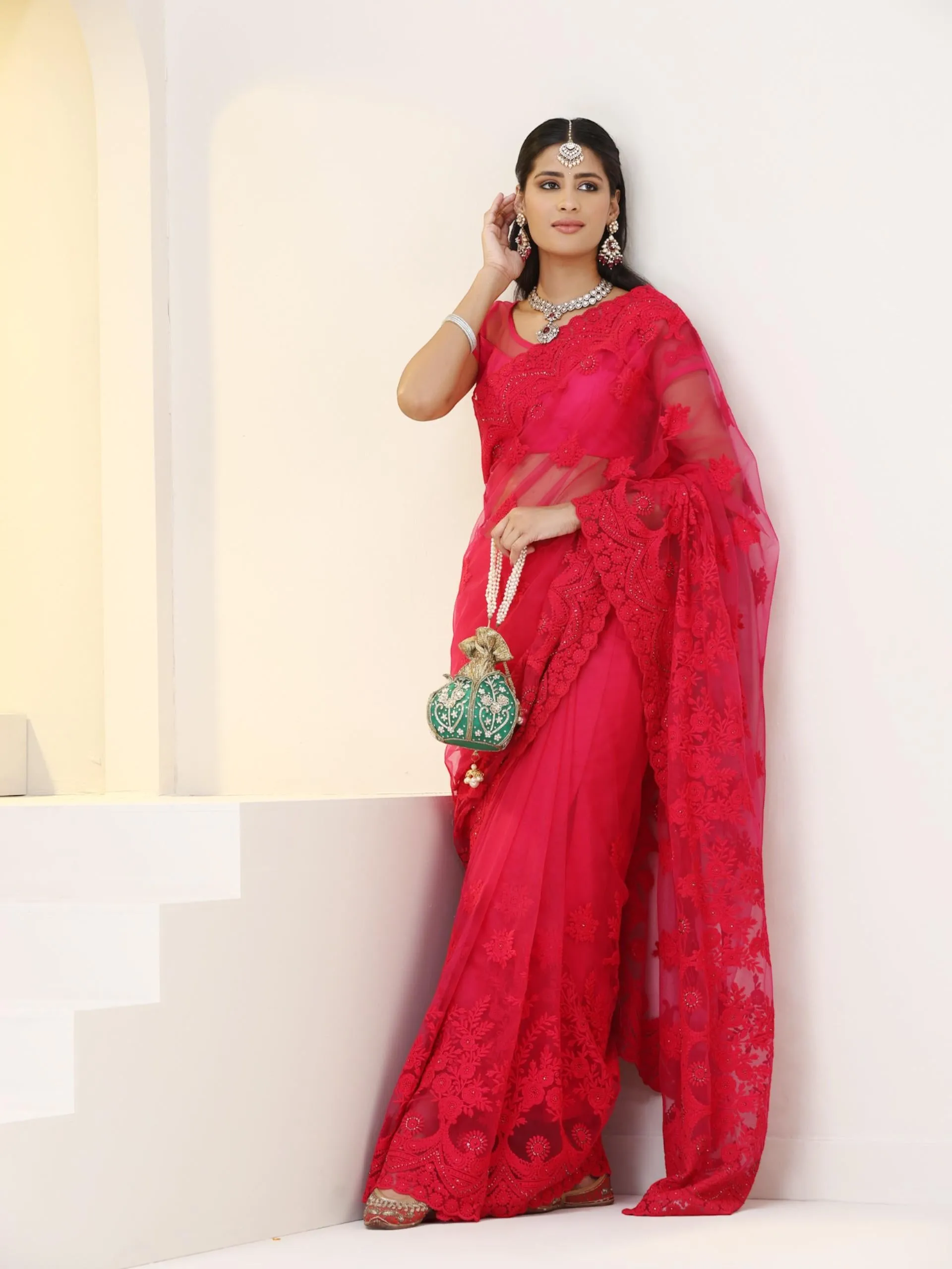 Pink Net Saree with All over Thick Scallop Embroidery and Shiny Dots with Blouse Fabric