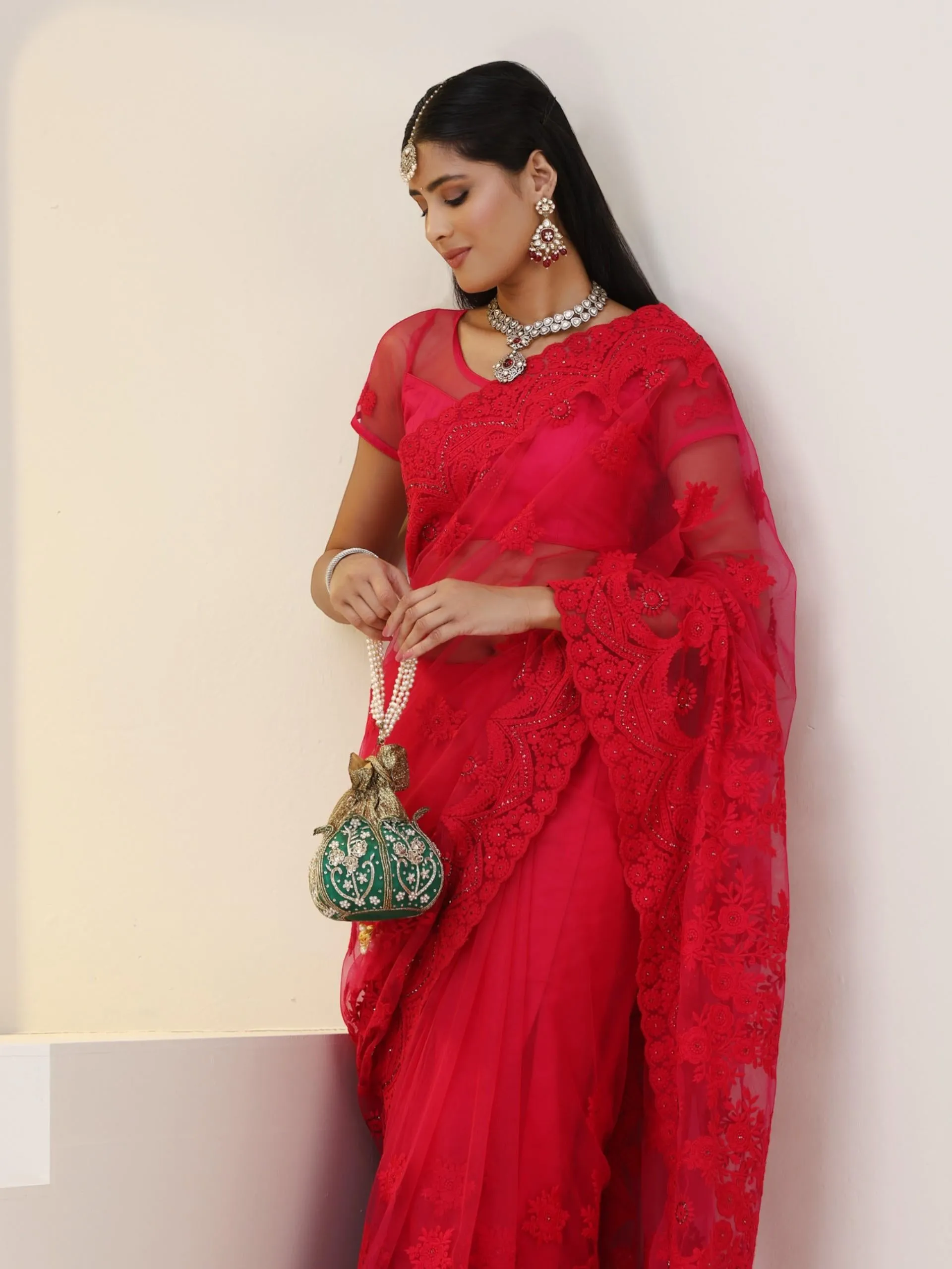 Pink Net Saree with All over Thick Scallop Embroidery and Shiny Dots with Blouse Fabric