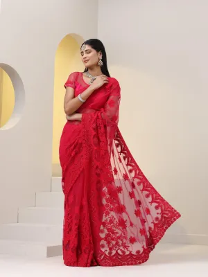 Pink Net Saree with All over Thick Scallop Embroidery and Shiny Dots with Blouse Fabric