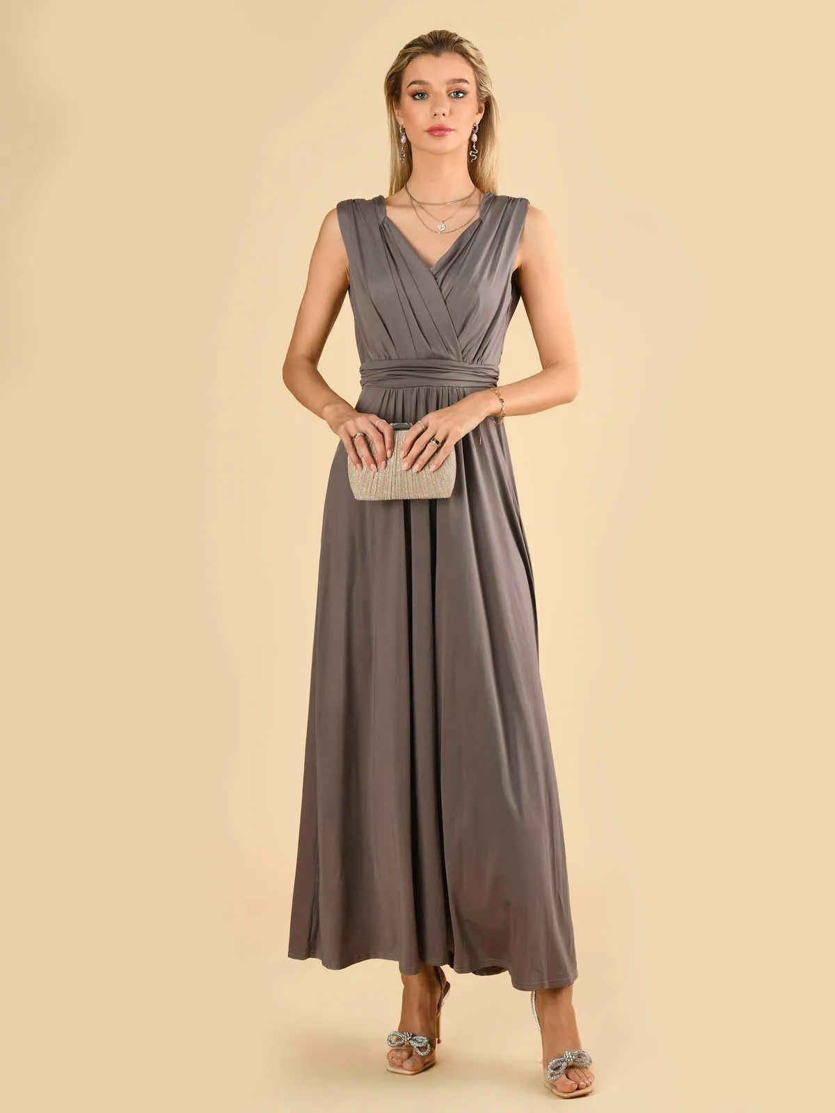 Plunge V Neck Draped Maxi Dress, Grey