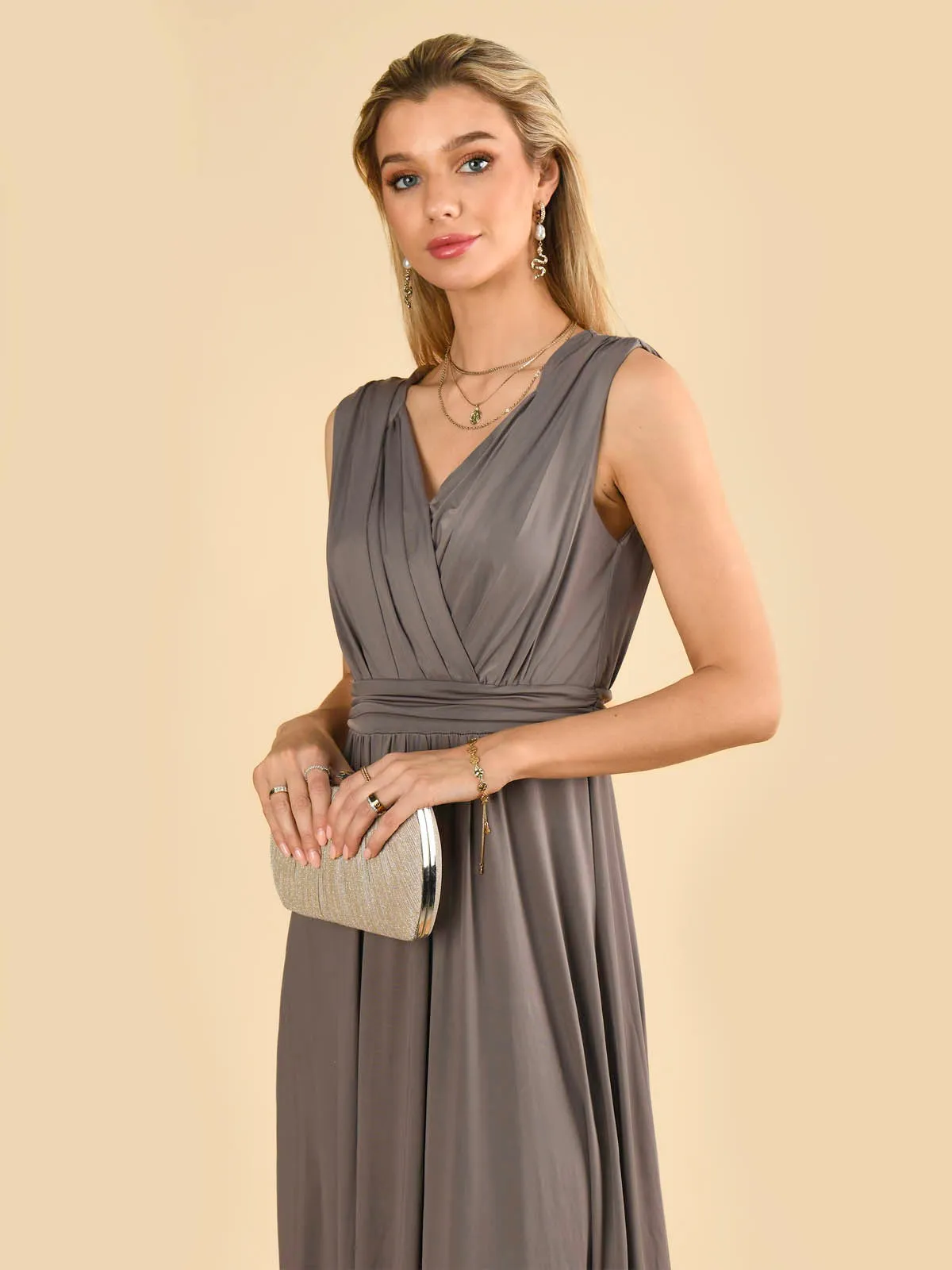 Plunge V Neck Draped Maxi Dress, Grey