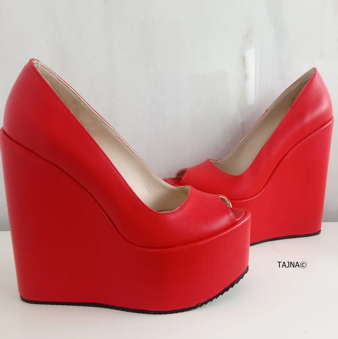 Red Peep Toe High Heel Wedges