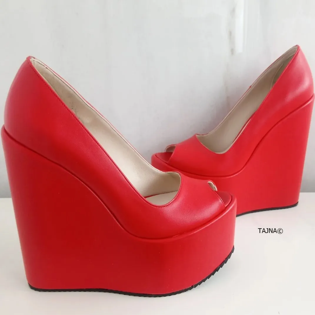 Red Peep Toe High Heel Wedges