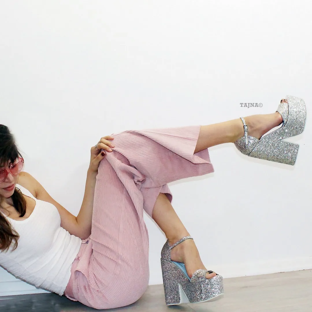 Shiny Silver Ankle Strap Platform Wedge Shoes