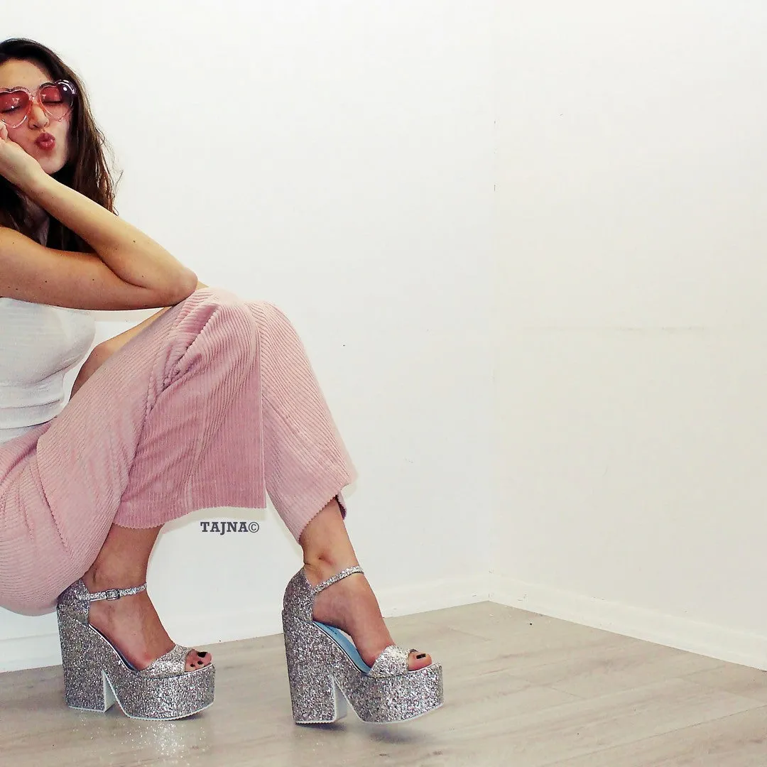 Shiny Silver Ankle Strap Platform Wedge Shoes
