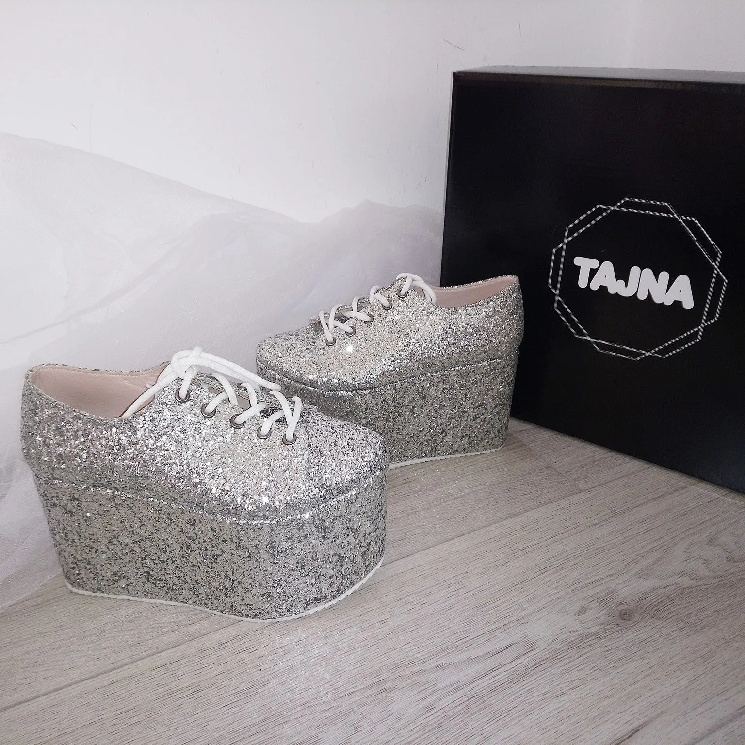 Silver Glitter Lace Up Sport Wedge Platform Shoes