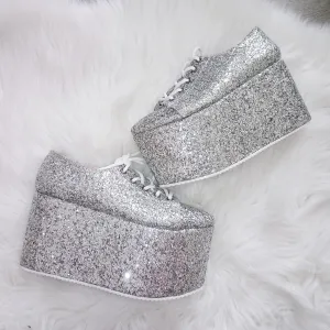 Silver Glitter Lace Up Sport Wedge Platform Shoes