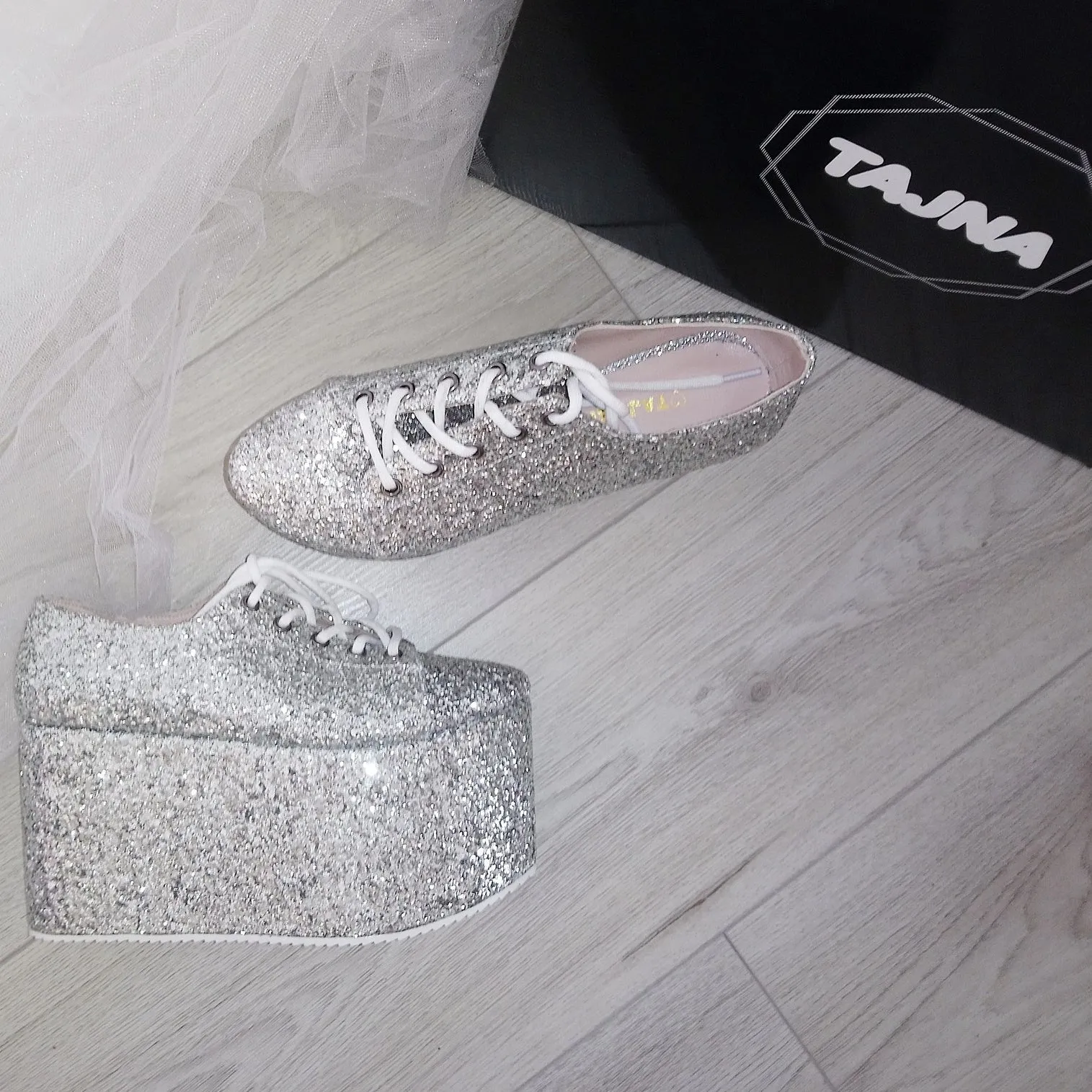 Silver Glitter Lace Up Sport Wedge Platform Shoes