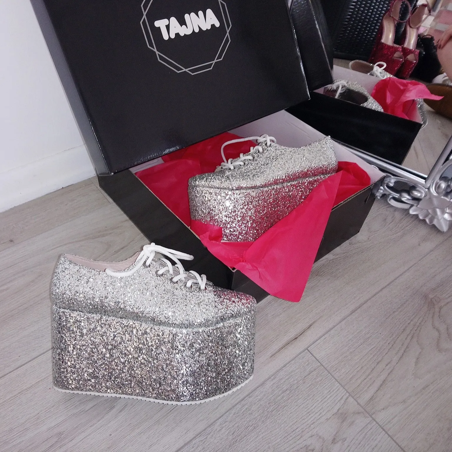 Silver Glitter Lace Up Sport Wedge Platform Shoes