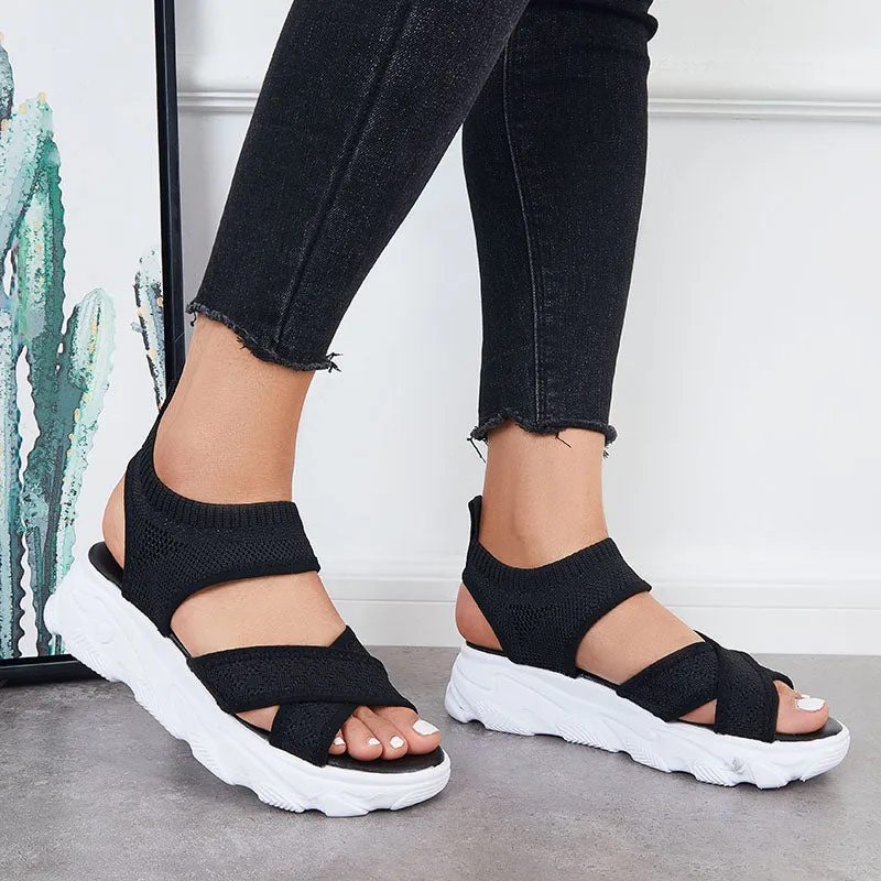 Sohiwoo  Women Casual Platform Sandals Black Knitted Stretch Strap Summer Sandals