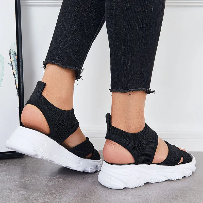 Sohiwoo  Women Casual Platform Sandals Black Knitted Stretch Strap Summer Sandals