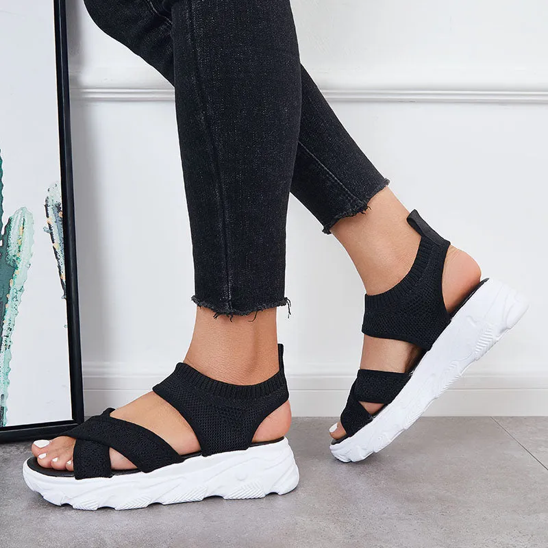 Sohiwoo  Women Casual Platform Sandals Black Knitted Stretch Strap Summer Sandals
