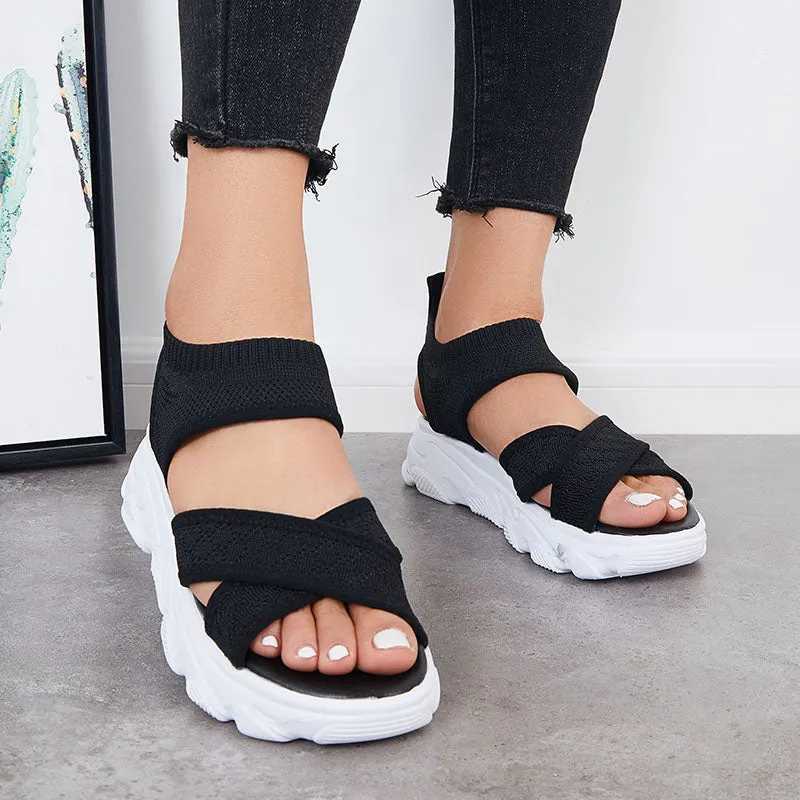 Sohiwoo  Women Casual Platform Sandals Black Knitted Stretch Strap Summer Sandals