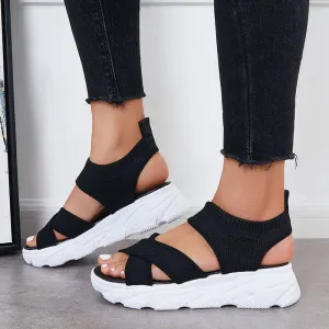 Sohiwoo  Women Casual Platform Sandals Black Knitted Stretch Strap Summer Sandals
