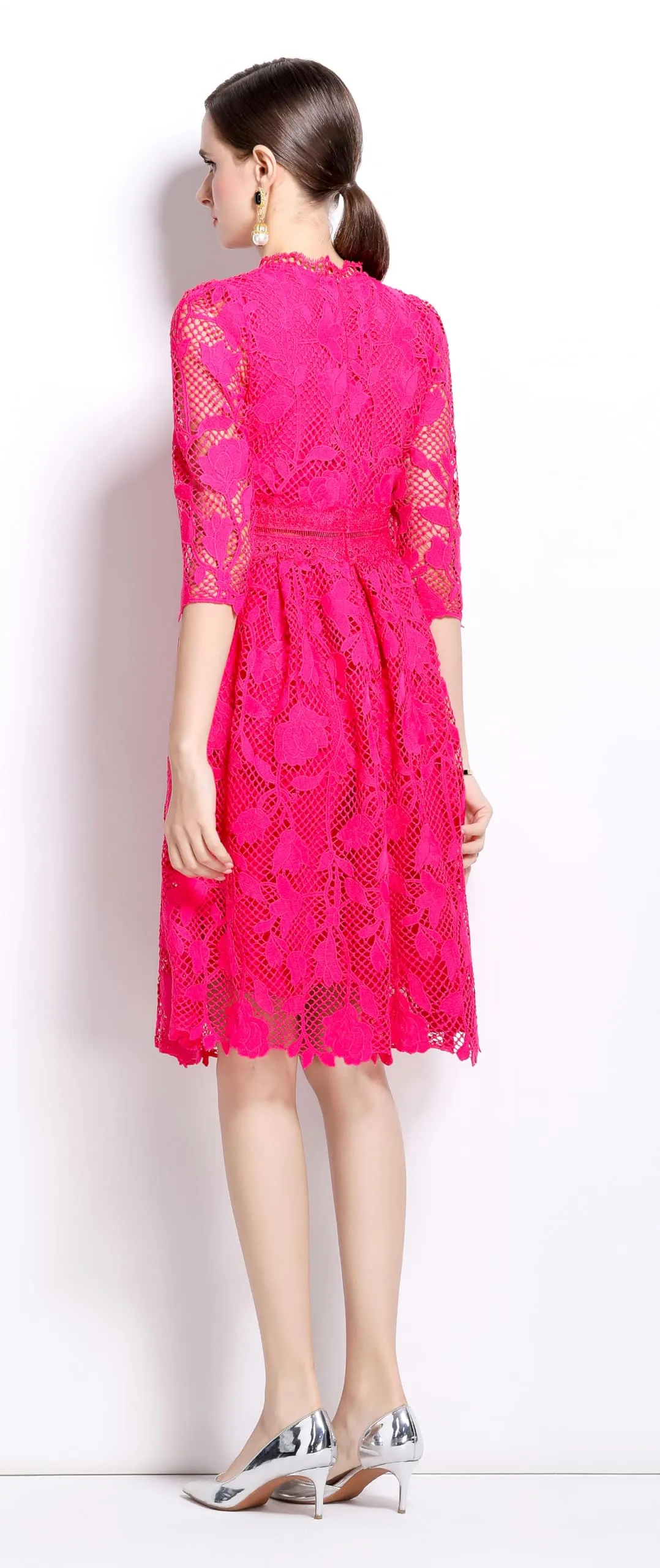 Womens Lace Floral Elegant Midi Dress