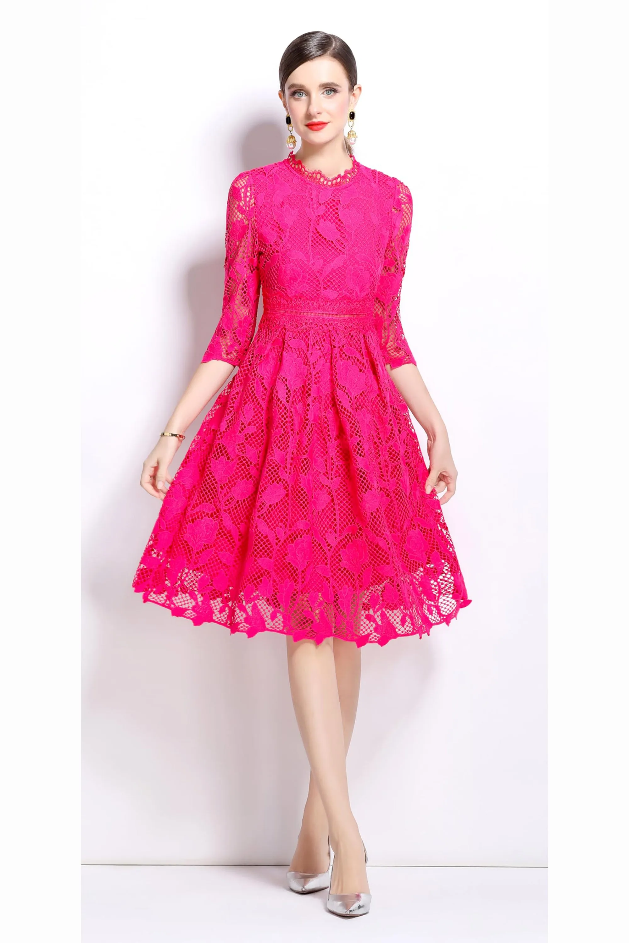 Womens Lace Floral Elegant Midi Dress