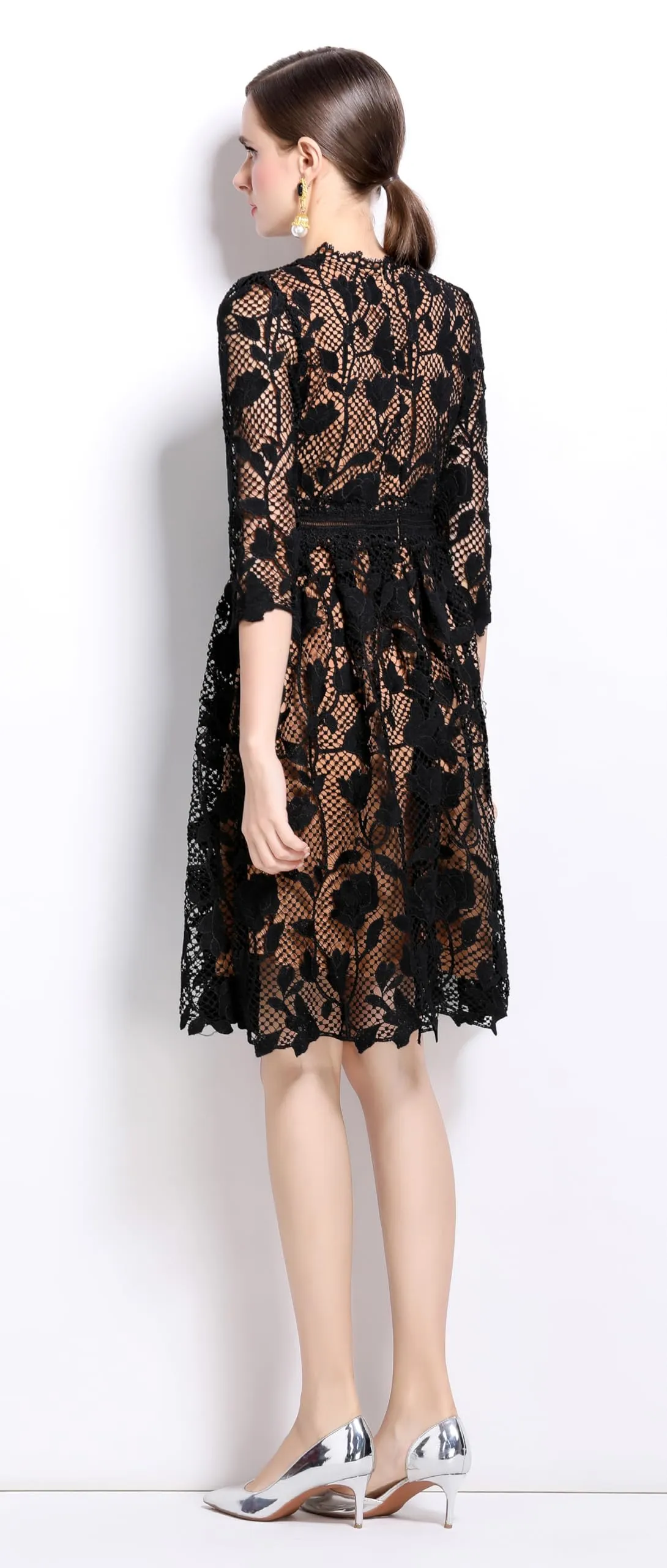 Womens Lace Floral Elegant Midi Dress