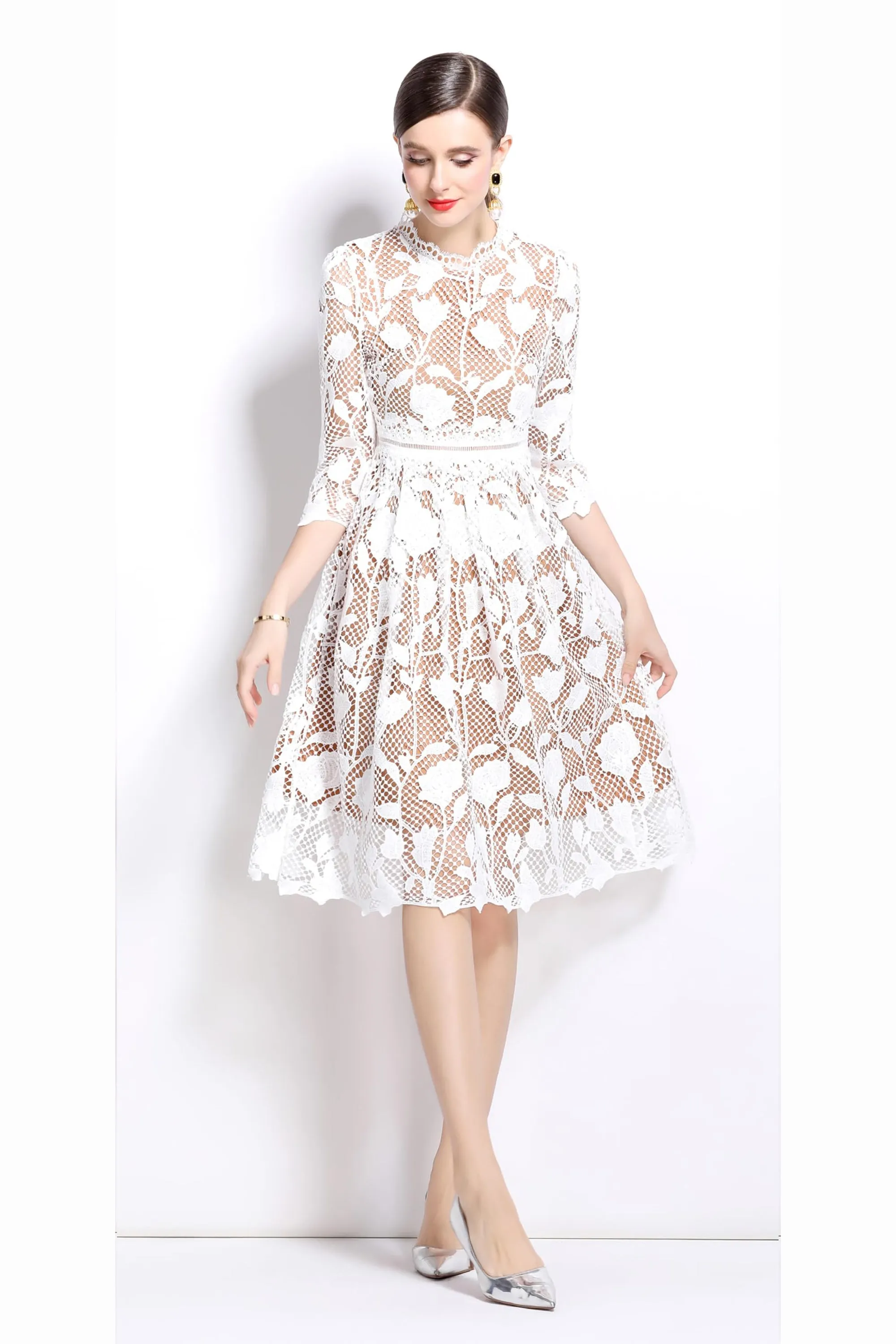 Womens Lace Floral Elegant Midi Dress