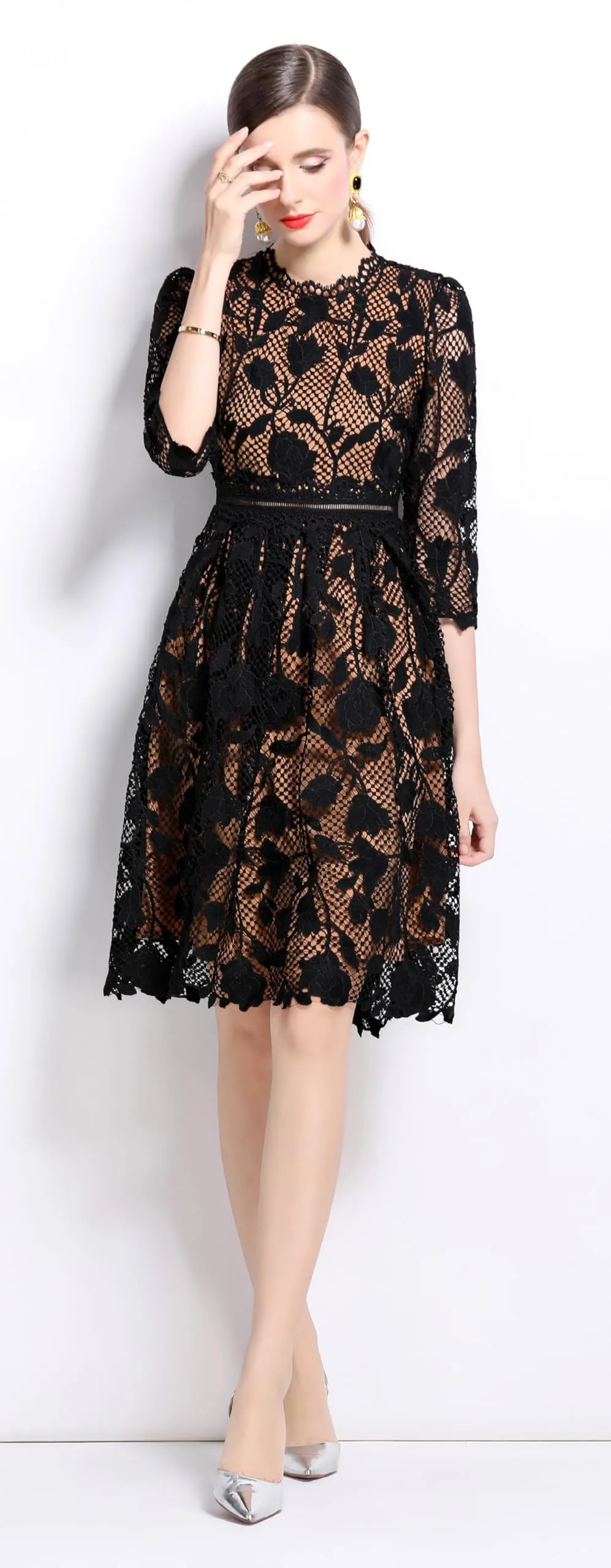 Womens Lace Floral Elegant Midi Dress
