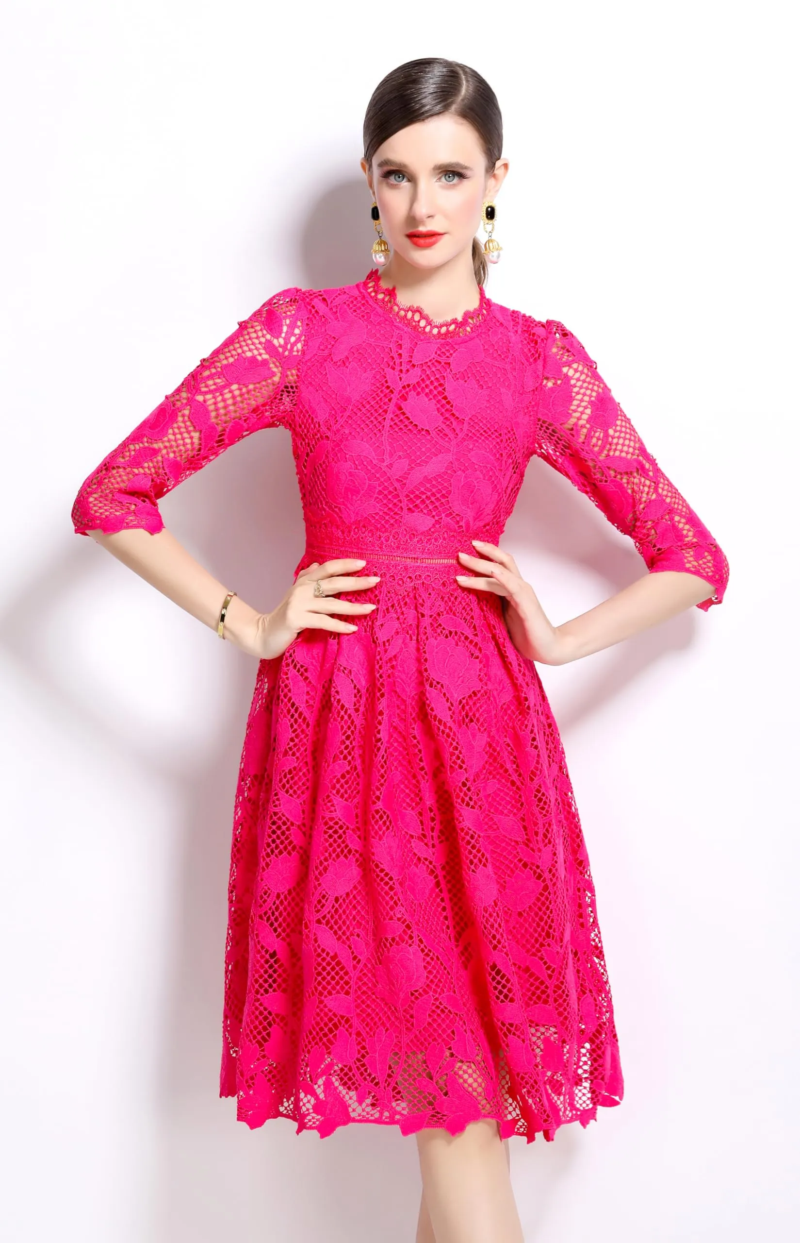 Womens Lace Floral Elegant Midi Dress