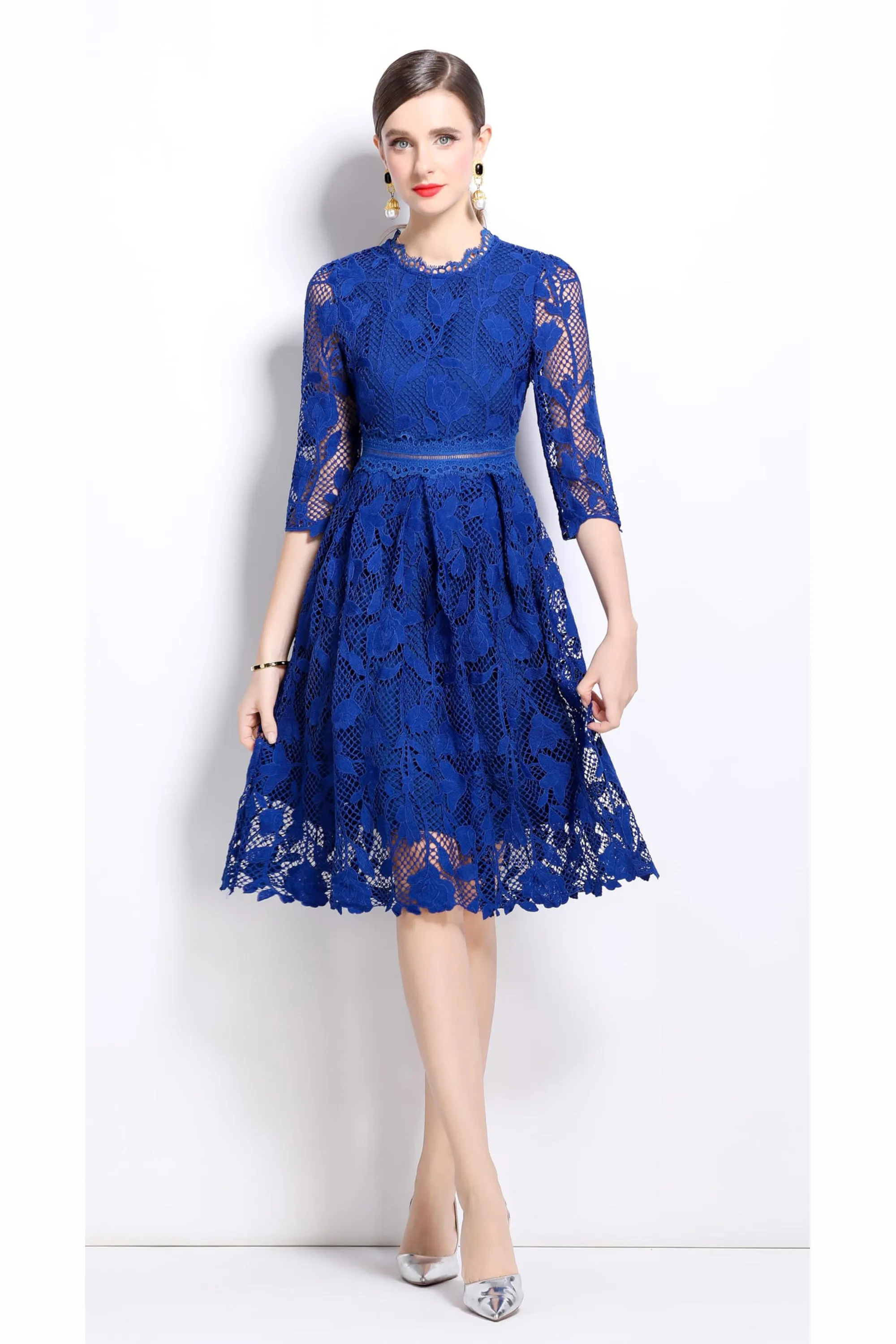 Womens Lace Floral Elegant Midi Dress