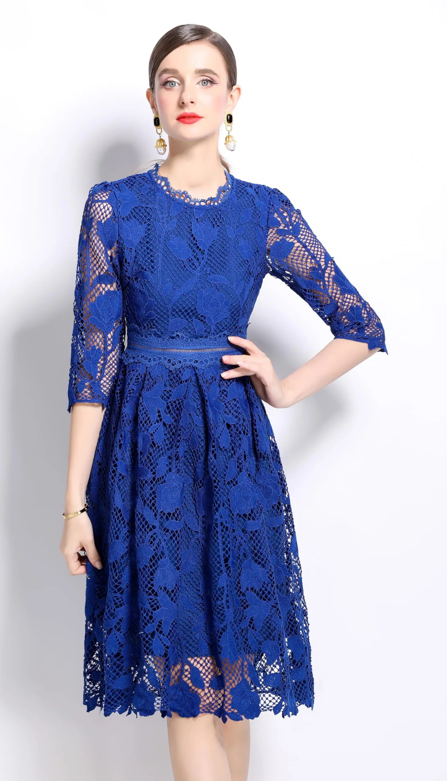 Womens Lace Floral Elegant Midi Dress