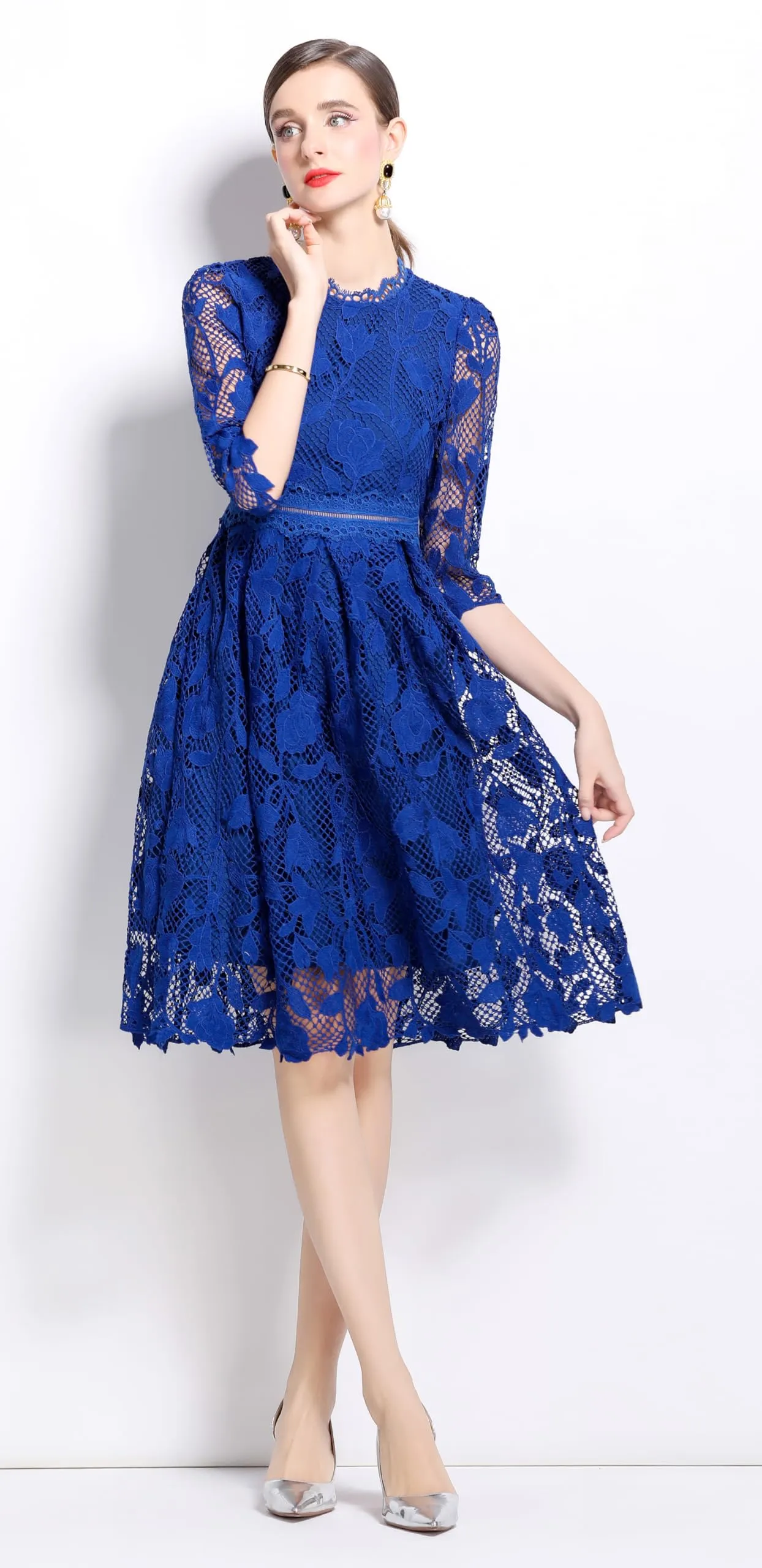 Womens Lace Floral Elegant Midi Dress