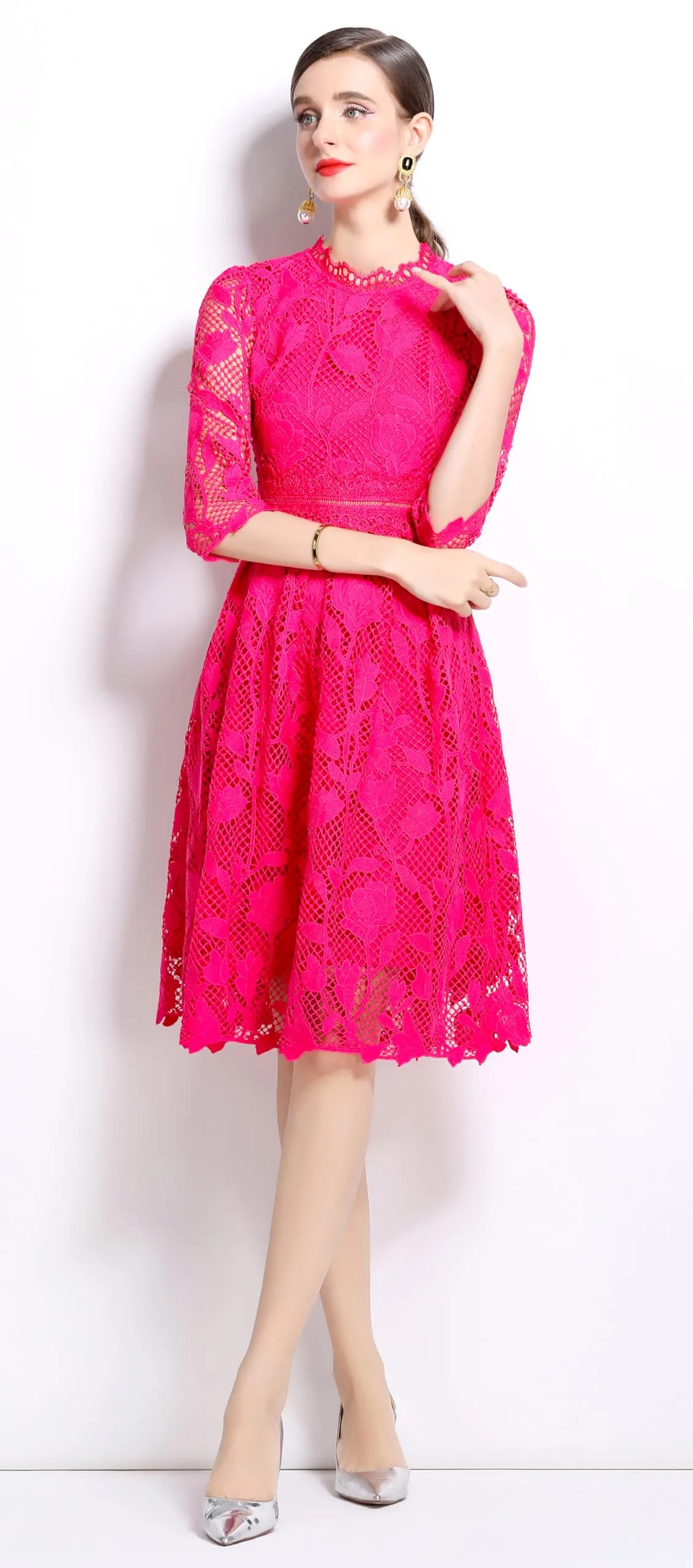 Womens Lace Floral Elegant Midi Dress
